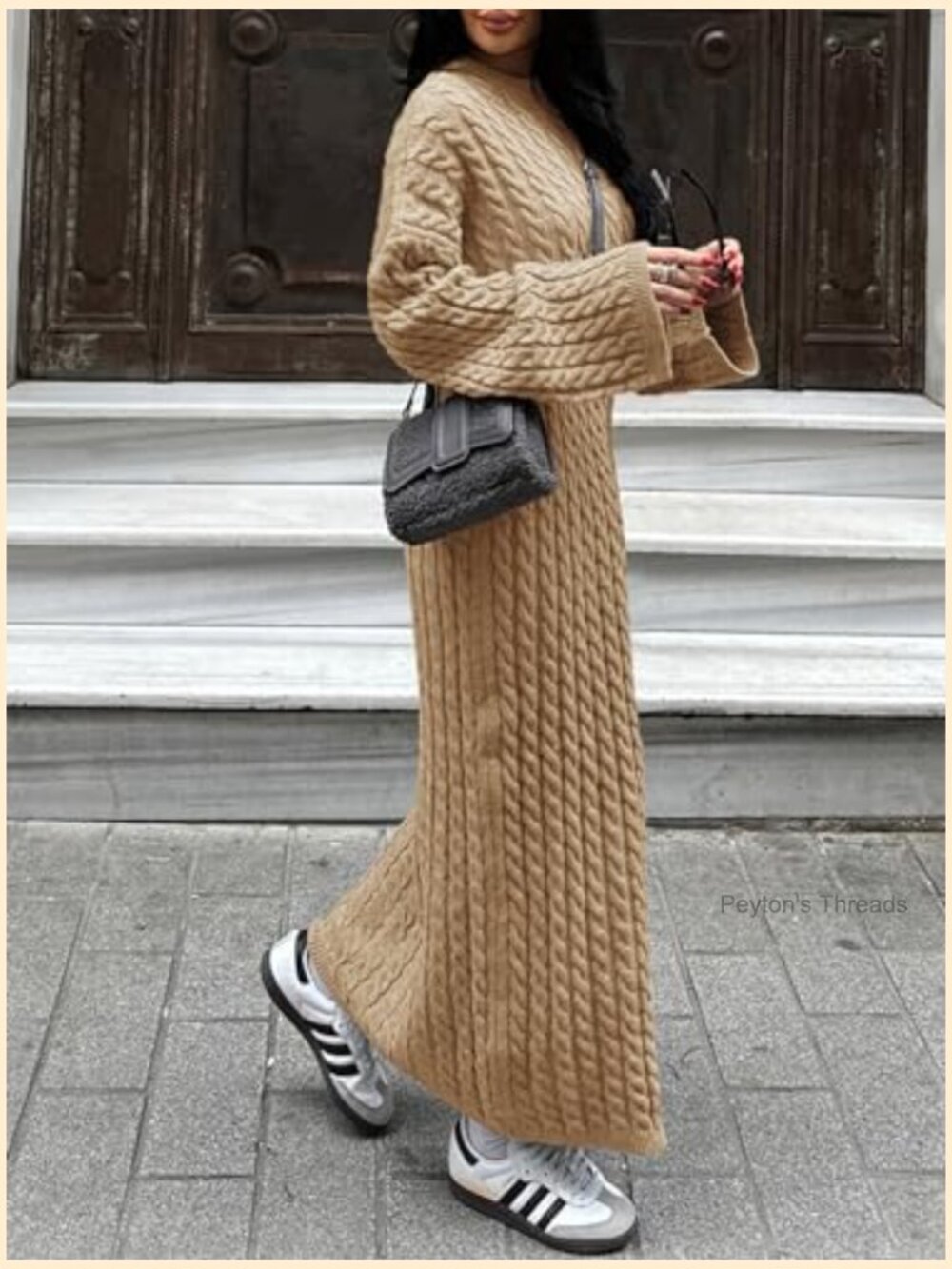 Oversized Cable Knit Sweater Dress Crew Neck Long Sleeve Midi Pullover - Picture 3 of 7